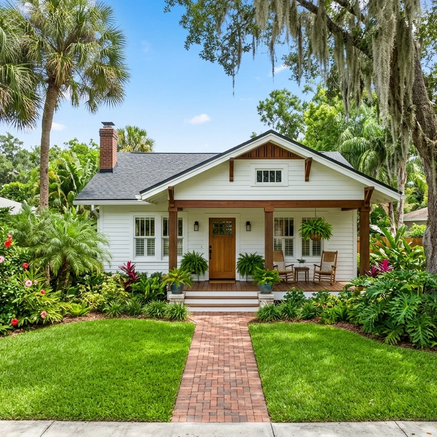 Charming Winter Park, Orlando vacation rental home on a sunny day with lush tropical landscaping